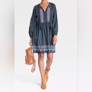 Knox Rose Balloon Long Sleeve Embroidered Boho Cross Stitch Dress Blue Women's